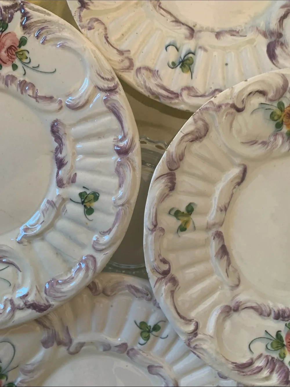 ITALY marked Floral Dessert Plate Set in Purple and Yellow – Old - S/6